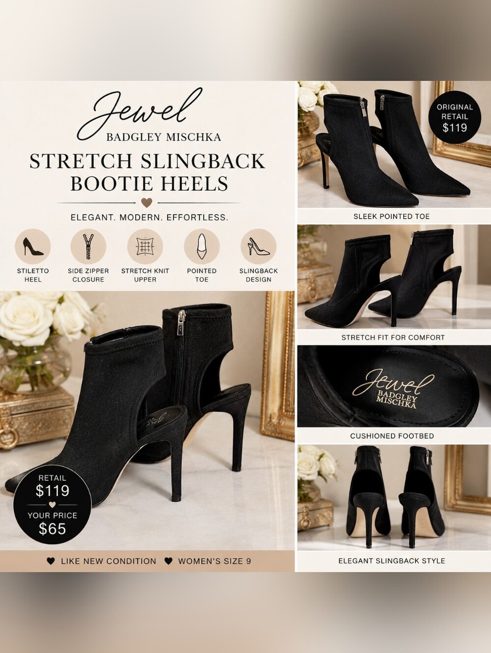 Jewel Badgley Mischka Black Stretch Slingback Stiletto Booties | W9 | Retail 119